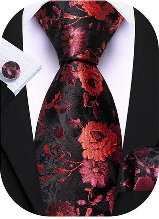 Barry.Wang Black Red Floral Tie Mens Silk Necktie Pocket Square Cufflinks Set Wedding Wedding Prom