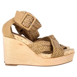 Herm&egrave;s Pre-owned Womens Herm&egrave;s Criss-Cross Ankle Strap Wedges in Beige Leather - Mocha Sheepskin - Size EU 35
