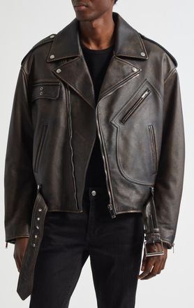 Alexander McQueen Antiqued Leather Biker Jacket in Dark Brown/Tan at Nordstrom, Size 42 Us