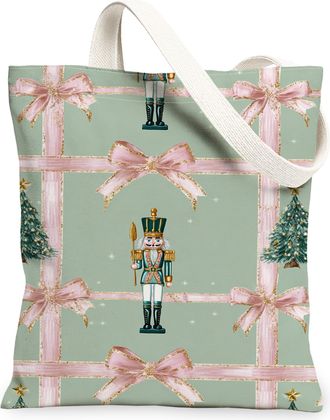 Generic Christmas Nutcracker Canvas Tote Bags, Vintage Holiday Design Reusable Grocery Bags, Lightweight Washable Shoulder Strap Canvas for Travel Outdoor Pic