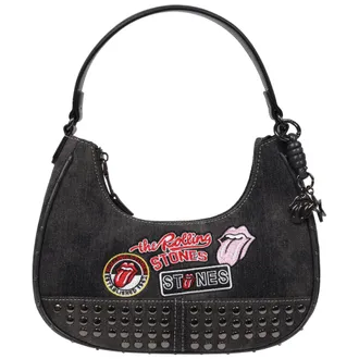 THE ROLLING STONES Patch Black Denim Small Hobo Bag - Studded Trim, Embroidered Tongue Logo & Charm Detail