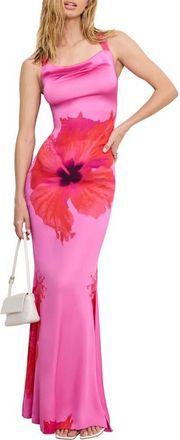 Good American Satin Lace-Up Maxi Slipdress in Pink Hibiscus002 at Nordstrom, Size X-Large