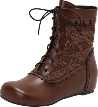 Generic Brown Lace Up Ankle Boots for Women Round Toe Flat Sole Fashion Casual Versatile Winter Comfortable Wear Chunky Design