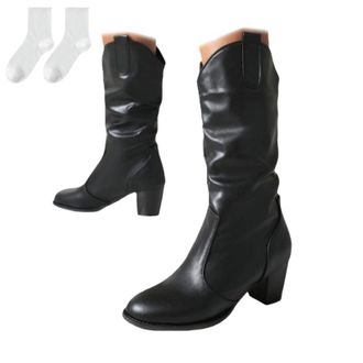 Generic Womens Knee-High Boots, Pull-On Boots in A Leather Look with A Block Heel And Ruched Shaft, Comfortable Tall Boots for Everyday Wear, Leisure, Autumn 