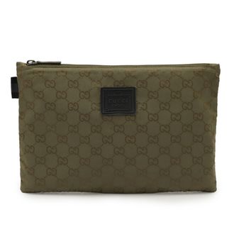 Gucci Green Khaki Nylon Leather Clutch Bag Pouch (Pre-Owned)