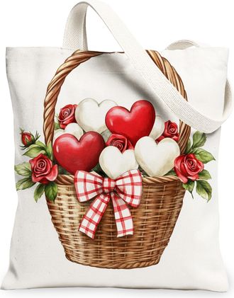 Generic Valentines Floral Canvas Tote Bags, Heart Rose Pattern Reusable Grocery Bags, Vintage Rustic Lightweight Washable Shoulder Strap Canvas for Shopping T