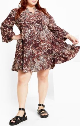 City Chic Mira Long Sleeve Paisley Tiered Dress at Nordstrom, Size Xxs