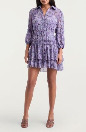Cinq &agrave; Sept Painted Hydrangea Marsea Ruffle Chiffon Shirtdress in Lilac Wine Multi at Nordstrom Rack, Size 2