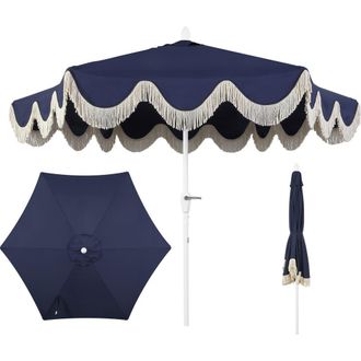 Jonathan Y Designs Collins 9 ft. Classic Cottage Fringe Tassel Market Patio Umbrella with Auto-Tilt Crank in Navy/white Pole at Nordstrom