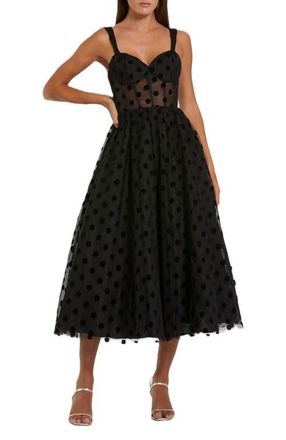 Mac Duggal Polka Dot Net Bustier A-Line Midi Dress in Black at Nordstrom, Size 12
