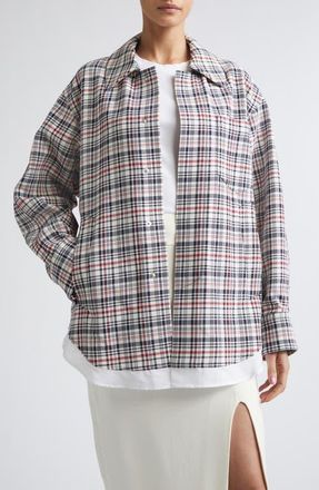 Victoria Beckham Relaxed Plaid Cotton & Virgin Wool Cocoon Shacket in White/Blue/Red at Nordstrom, Size X-Small