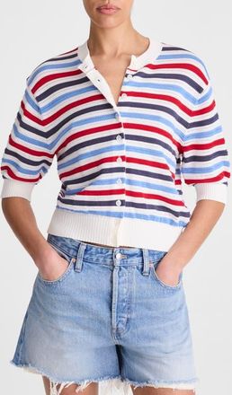 Madewell Textured Stripe Short Sleeve Cotton Cardigan in Ivory Pop Color Multi Stripe at Nordstrom, Size Xx-Large