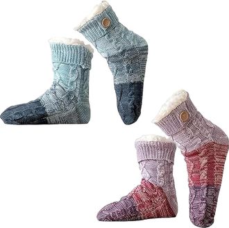 Generic Knitted Ultra-Thick Slipper Home Socks, 2026 New Non-Slip Tri-color Knit Patchwork Non-Slip Warm Winter Socks, Soft And Comfortable (Purple+Blue)