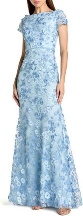 Mac Duggal Floral Applique Boat Neck Cap Sleeve Gown in Powder Blue at Nordstrom, Size 10