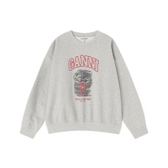 Ganni Grey Kitty Sweatshirt - Dames - Sweatshirts - Grijs - 2XS - Katoen - Hoodies & sweatvesten