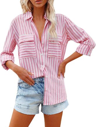 Generic Womens Striped Button Down Shirts Casual Long Sleeve Stylish V Neck Blouses Tops with Pockets Womens Shirts and Blouses Long Sleeve Pink