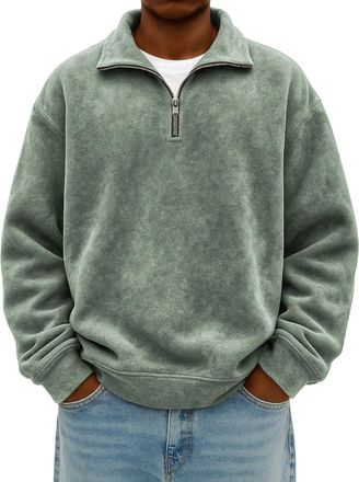 Generic Quarter Zip Up Sweatshirts Fleece Jacket Mens Thermal Loose Fit Pullover Stand Collar Shirts Fashion Casual Sweatshirt Winter Warm Sweaters 1/4 Zipper