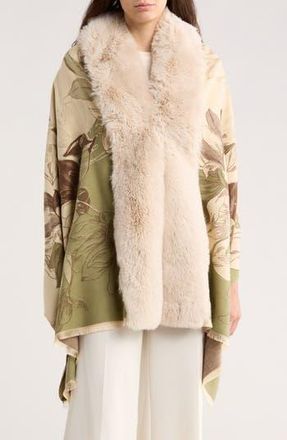 La Fiorentina Faux Fur Trim Floral Wrap in Beige at Nordstrom Rack