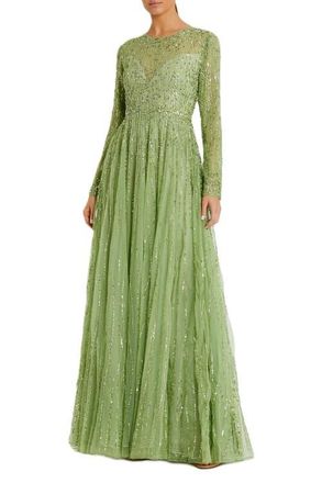 Mac Duggal Womens Sequin Illusion High-Neck Long Sleeve A-Line Gown in Sage at Nordstrom, Size 10