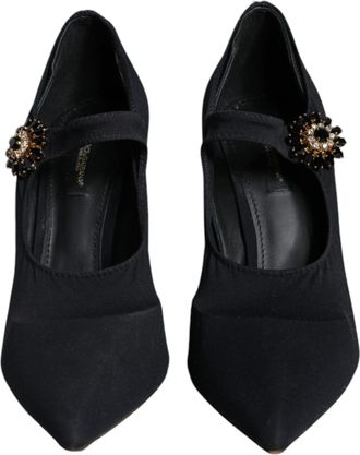 Dolce & Gabbana Black Mary Jane Jersey Crystal Pumps Womens Shoes (Pre-Owned)
