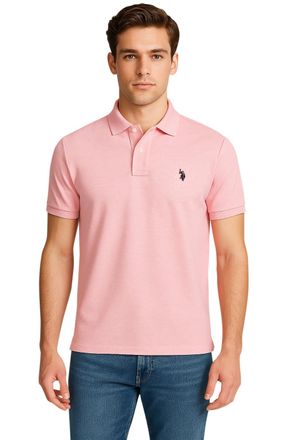 U.S.Polo Association Mens Classic Polo Shirt, Two-Button Closure Pique Polo Shirt, Summer Fashion Golf Shirt, Pink Sunset Heather/Black, Medium