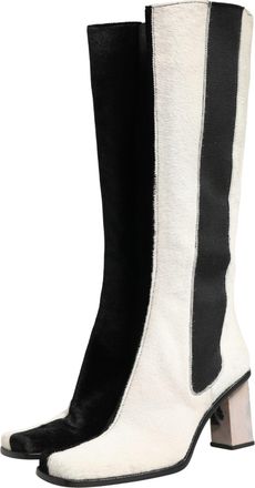 Dolce & Gabbana White Black Leather Knee High Boots Womens Shoes (Pre-Owned)