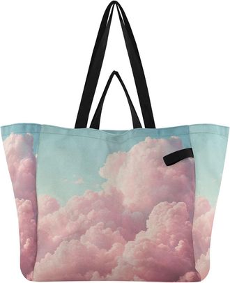 Generic Pink Cloud Sky pattern Reusable Canvas Tote Bag, Heavy Duty Grocery Shopping Bag with Double Handles Large Capacity Hard Bottom Work Groceries Travel