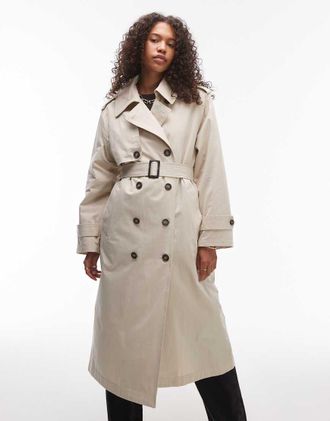 Topshop longline trench coat with detachable borg lining in stone-Neutral