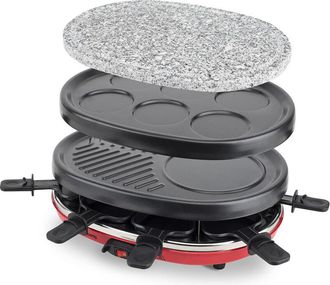 H.Koenig Hkoenig - Raclette 8 Personas 4 En 1, Plancha Con Piedra Natural, Grill, Crepera, 900 W, Rojo, Negro Rp412, Acero Inoxidable