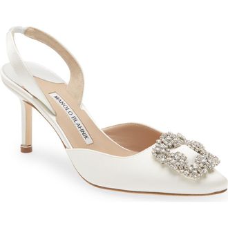 Manolo Blahnik Hangisli Crystal Buckle Pointed Toe Slingback Pump in Cream 1205 at Nordstrom, Size 6.5Us