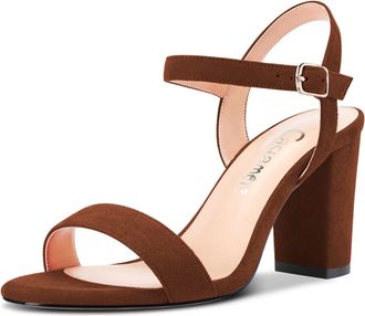 Castamere Women Chunky Block High Heel Ankle Strap Sandals Peep Open Toe Buckle Wedding Office Dress 8.5 CM Heels Brown Suede 5.5 UK