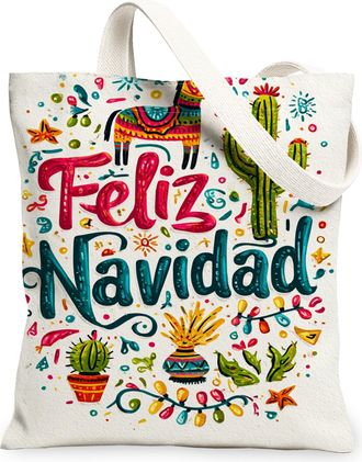 Generic Festive Cactus Canvas Tote Bags, Colorful Holiday Design Reusable Grocery Bags, Vintage Lightweight Washable Shoulder Strap, White, 13x15 Inch