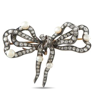Luxury Bazaar Antique 14K Rose Gold 3.0ct Diamond and Pearl Brooch MF26-080326