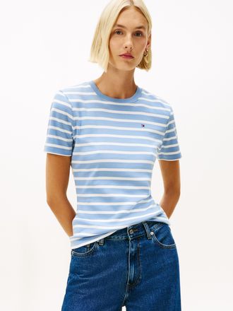 Tommy Hilfiger T-Shirt TOMMY HILFIGER SLIM CODY C-NK SS, Damen, Gr. XXL (44), clear water, ecru stp, Jersey, Obermaterial: 100% Baumwolle, gestreift, slim fit h&uuml;ftla