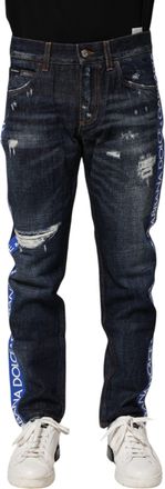 Dolce & Gabbana Mens Dark Blue Tattered Skinny Denim Jeans Cotton Elastane Clothing