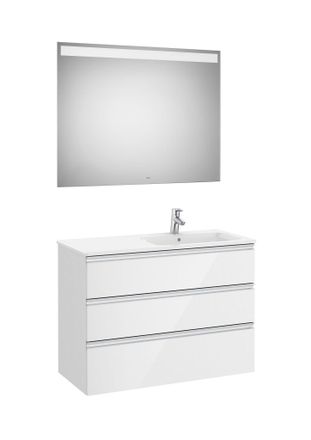 Roca Roca - Pack Mueble Base De 3 Cajones + Lavabo Derecha + Espejo Led The Gap Color: Blanco Brillo