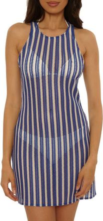 BECCA by Rebecca Virtue Cabo Stripe Sheer Cover-Up Minidress in Lapis/Tan at Nordstrom, Size Medium