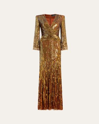 Jenny Packham Cosmos Long-Sleeve V-Neck Sequin Gown