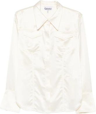 Ganni Satin-Finish Flap-Pocket Shirt - Dames - Overhemden - Wit - XL - Satijn - Overhemden