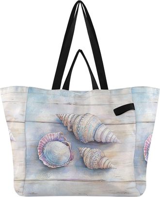 Generic Seashells Wooden Pink print Reusable Canvas Tote Bag, Heavy Duty Grocery Shopping Bag with Double Handles Large Capacity Hard Bottom Work Groceries Tr