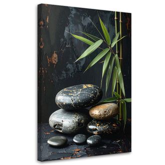Feeby Cuadro Sobre Lienzo, Piedras Zen Spa Negras Hojas Sobre Fondo Negro, 80x120