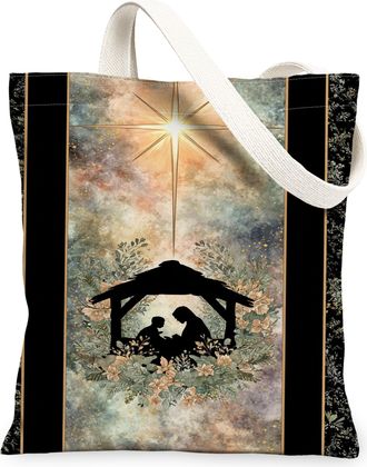 Generic Christmas Floral Canvas Tote Bags, Elegant Nativity Design Reusable Grocery Bags, Vintage Lightweight Washable Shoulder Str, Black, 13x15 Inch