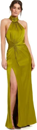 Mac Duggal Petite Open Back High Neck Side Ruched Gown in Olive at Nordstrom, Size 12