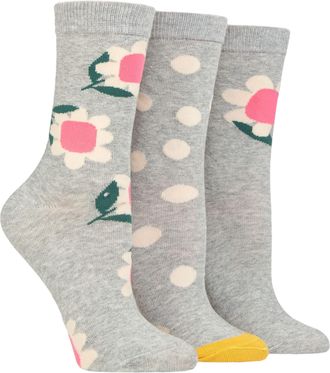Caroline Gardner Ladies Patterned Cotton Socks Pack of 3 Grey Flowers 4-8