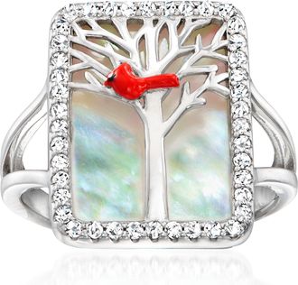 Ross-Simons Mother-Of-Pearl and White Topaz Cardinal Ring With Multicolored Enamel in Sterling Silver