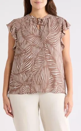 Nordstrom Rack Ruffle Tie Neck Top in Brown Lentil Palmetto Print at Nordstrom Rack, Size 1X