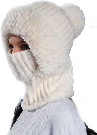 Generic 3 in 1 Beanie Hat for Women, 3 in 1 Cold Resistant Hat with Mask, Hooded Piece Windproof Warm Snow Cap, Soft and Comfortable (Cream)