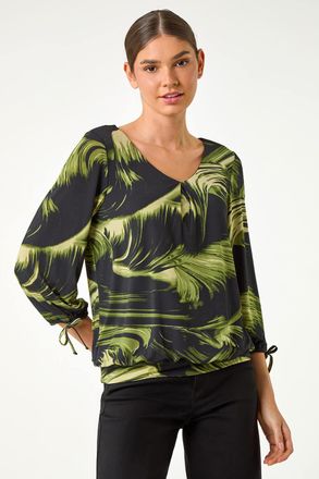 Roman Brush Print V-Neck Tie Sleeve Top