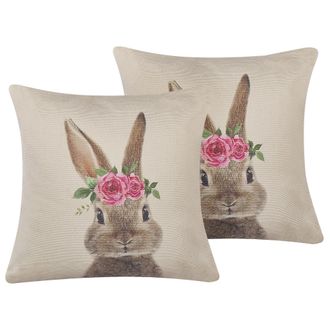 Beliani Beliani - Conjunto De Cojines Decorativos Cuadrados De Algod&oacute;n Gris Pardo Con Estampado De Animales 45 X 45 Cm Decoraciones De Pascua Tulipa