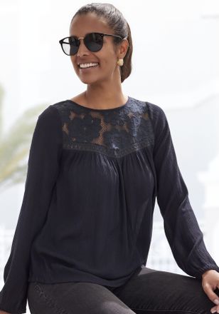 Buffalo Spitzenbluse BUFFALO, Damen, Gr. 34, schwarz, Cr&ecirc;pe, Obermaterial: 100% Viskose. Einsatz: 100% Baumwolle, unifarben, figurumspielend h&uuml;ftlang, Rundhal